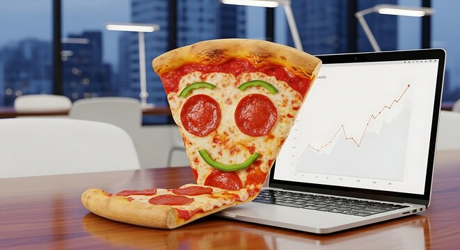 Pizza slice next to laptop on desk