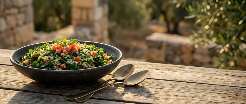Fresh tabbouleh salad with parsley, tomatoes and bulgur wheat served in black bowl on wooden table outdoors for healthy Mediterranean dining.