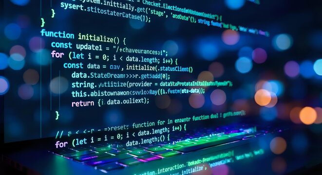 Programming code on computer screen with colorful syntax highlighting and bokeh lights background for software development projects.
