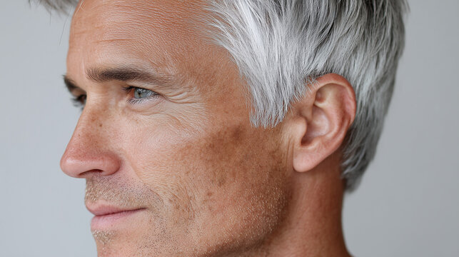 Mature man profile with grey hair and natural skin texture showing healthy natural blush along cheekbone, calm expression, studio portrait, soft lighting