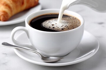 Obraz premium Coffee and cream with a croissant on a table