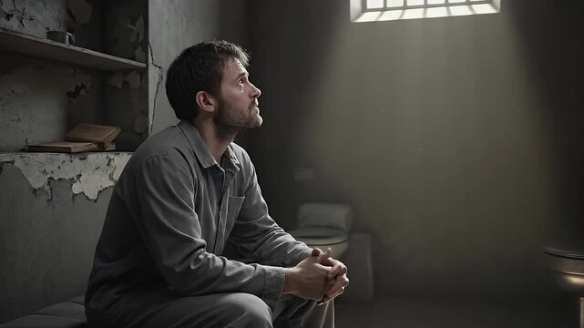 prison cell solitude: man in dim light, isolation and confinement in a stark room