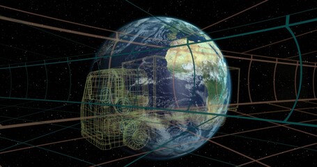 Fototapeta premium Rotating planet Earth revealing translucent wireframe truck in outer space, with curved grid tunnel