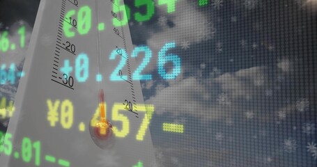 Displaying white triangular temp gauge with scale and red bulb over cloudy sky with yen tickers