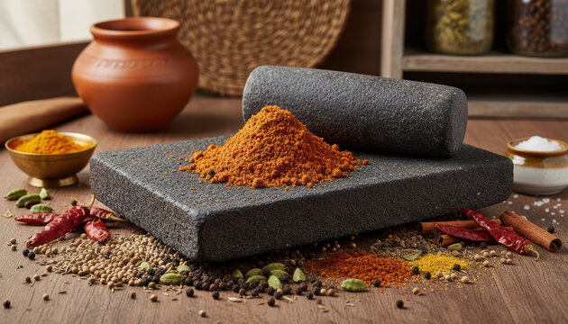 Aromatic spices and herbs are beautifully arranged on traditional stone grinder, evoking sense of rich culinary heritage. vibrant colors and textures create warm, inviting atmosphere