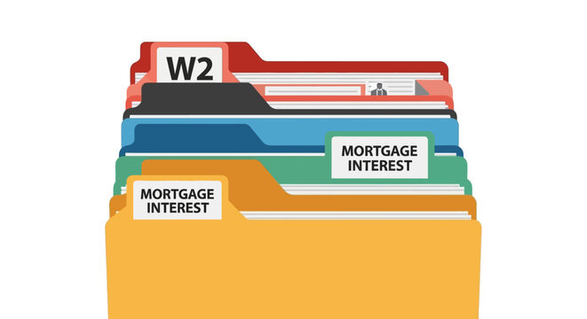 Tax Documents Stack: W2 and Mortgage Interest Files. Financial Records Organization and Annual Tax Preparation Concept Vector Illustration.