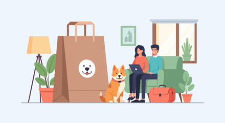 Couple relaxing at home with dog and shopping bag