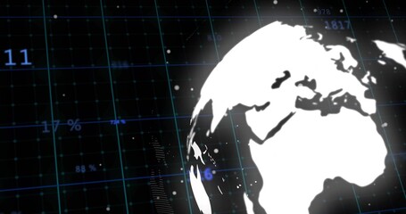 Fototapeta premium Displaying large stylized globe on right, rotating over cyan grid with percent labels and points