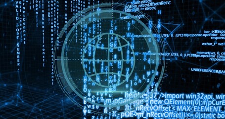 Naklejka premium Displaying central hologram globe with concentric rings, streaming code over 3D grid in cyberspace