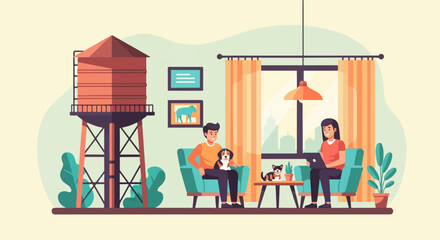 Couple relaxing at home with pets and water tower visible outside window