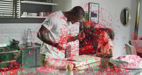 Fotobehang Koken Preparing dad and girl at kitchen island, holding knife by pear, in pink dress, red-green confetti  © vectorfusionart