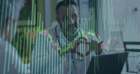 Explaining doctor in lab coat stethoscope gesturing at clinic desk with laptop and charts overlay