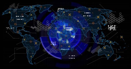Naklejka premium Pulsing central glowing globe showing world map outlines and rings on HUD grid, with hex clusters