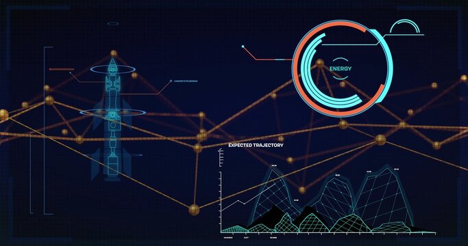 Displaying futuristic HUD showing data on mission console with rocket wireframe and energy gauge