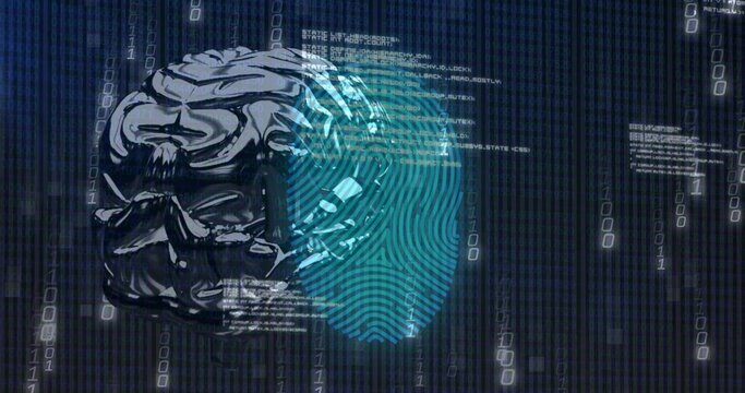 Glowing metallic brain showing cyan fingerprint hologram in cyberspace with binary code