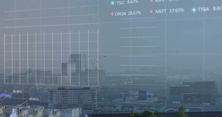 Fototapeta premium Displaying urban skyline showing mid-rise towers and curved roadway, with cranes and percent labels