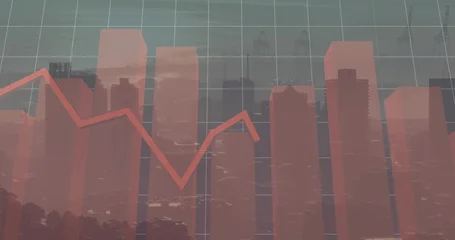 Fotobehang Buffet Displaying translucent red bar chart and jagged line over skyline with grid overlay, cranes, haze  © vectorfusionart