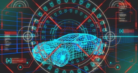 Fotobehang Vlees Showing neon wireframe car model rotating in HUD display, with red crosshair and data panels  © vectorfusionart