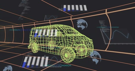 Fototapeta premium Rotating 3D wireframe minivan showing neon green outlines inside orange tunnel, with HUD panels