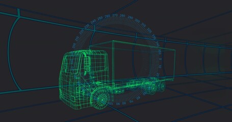 Fototapeta premium Rendering green wireframe truck and trailer centering in virtual tunnel, with protractor and grid