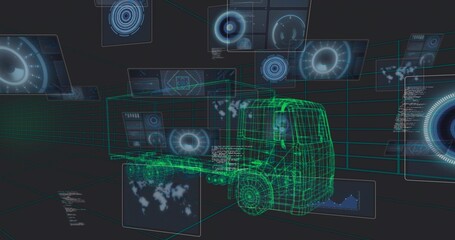 Displaying neon-green wireframe heavy truck turning in virtual simulation, with radar, code panels