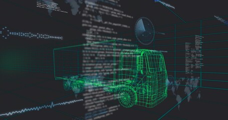 Fototapeta premium Showing 3D wireframe truck and trailer model rotating in simulation, with grid, code, radar