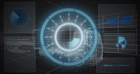Obraz premium Showing central hologram HUD rotating rings and arrows in virtual hub with wireframe car and panels