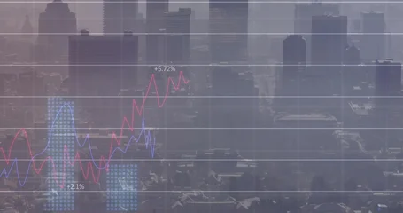 Fotobehang Vlees Displaying transparent financial chart over downtown skyline, showing red and blue trend lines  © vectorfusionart