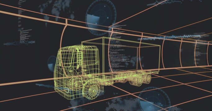 Showing neon wireframe truck cab and trailer floating in 3D data space with orange grid HUD