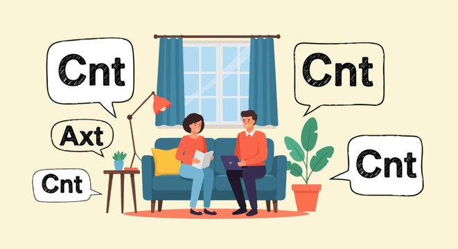 Couple on sofa with speech bubbles