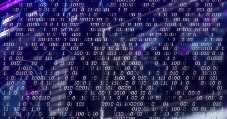 Naklejka premium Streaming binary digits flowing across server room, with circuit traces, chips, purple streaks