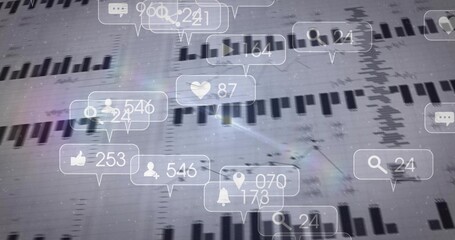 Floating cluster of notification bubbles and icons on analytics dashboard, showing numeric counters