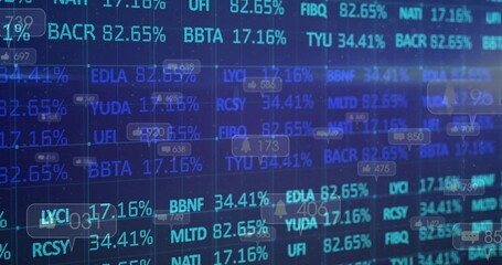 Naklejka premium Displaying trading screen on terminal showing tickers, percentages, overlay icons and label badges