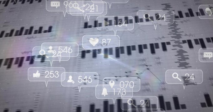 Floating cluster of notification bubbles and icons on analytics dashboard, showing numeric counters
