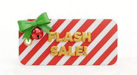 Obraz premium Festive Flash Sale tag with green bow, bell, and red stripes