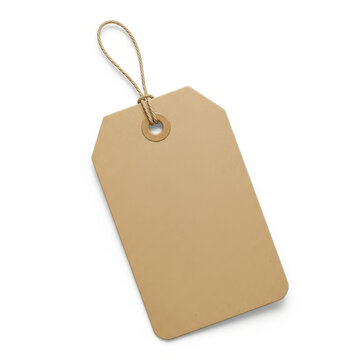 A close-up view of a blank, tan-colored shipping tag with a string loop.