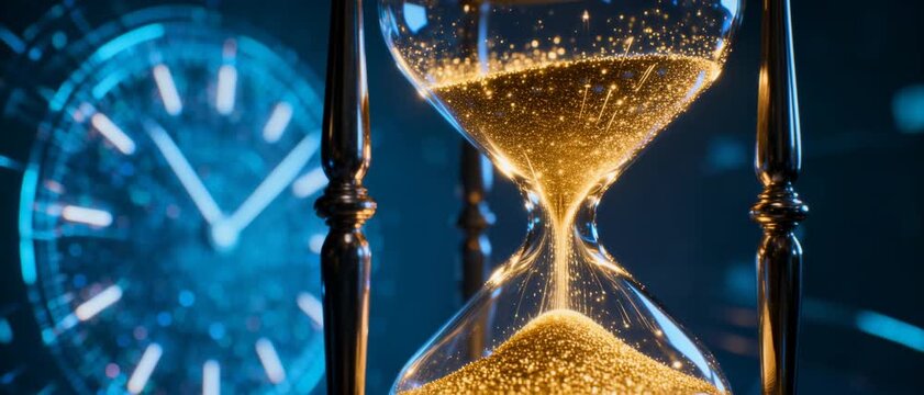 Hourglass with Golden Sand and Blue Digital Clock in Background Symbolizing Time Passage, Urgency, and Productivity