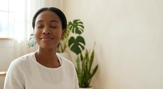 Peaceful young African American woman meditating with closed eyes in bright modern home interior with green plants creating serene wellness atmosphere.