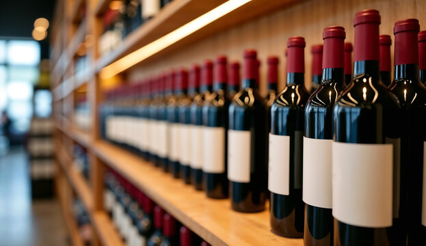 Variety of blank wine bottles displayed on a wooden shelf in a wine shop