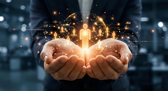 Businessman hands holding glowing human figure with network connections and light effects representing digital transformation and human resources management.