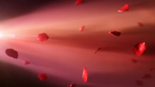 Slow motion red rose petals gently falling through soft light. Romantic, elegant and dreamy atmosphere, perfect for love stories, weddings, Valentine&rsquo;s Day visuals and emotional brand storytelling.