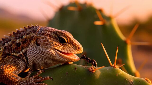 Close-up of lizard reptile on cactus, nature animal wildlife in sunset light
