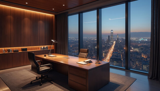 Modern executive office interior with large desk, leather chairs, floor-to-ceiling window overlooking city skyline at dusk. Wood paneling, ambient lighting, desk lamp create sophisticated atmosphere