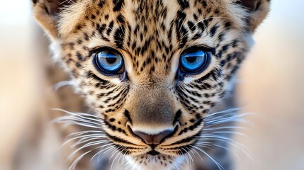 Fototapeta premium Young leopard cub with striking blue eyes and spotted fur pattern against soft blurred background. Wildlife photography showcasing natural beauty and innocence.