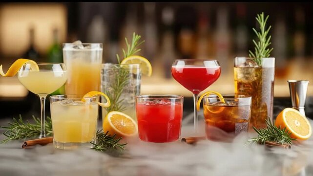 A variety of colorful cocktails and drinks garnished with citrus and herbs on a bar.