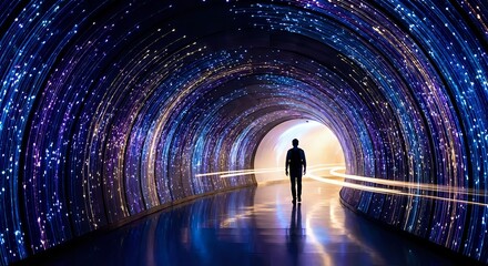 Silhouette of person walking through futuristic tunnel with glowing blue and purple lights creating cosmic atmosphere for technology concepts.