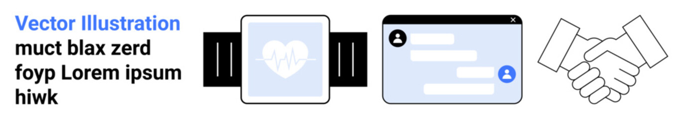 Fototapeta premium Technology, fitness tracking, communication, business partnership, digital health, online messaging. Smartwatch with heart icon, messaging app screen handshake symbol. Technology and fitness