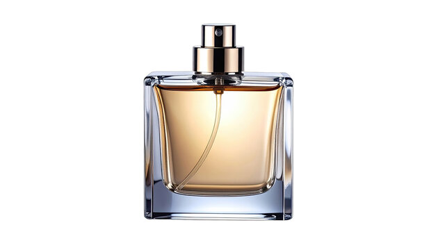 Elegant rectangular glass perfume bottle with golden liquid and atomizer against a stark black background.