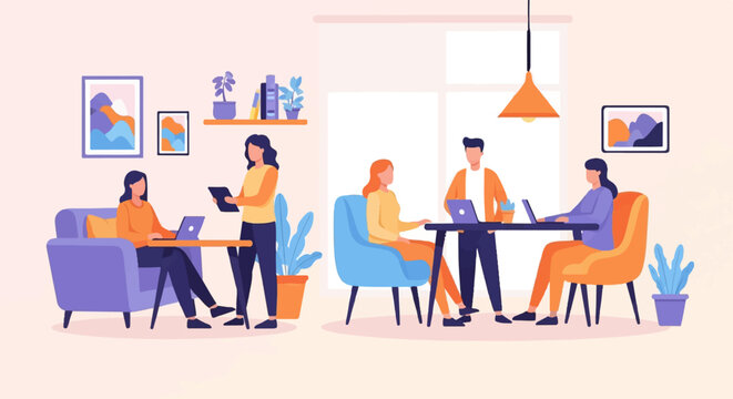 Diverse group collaborating on laptops in a modern, brightly lit shared workspace
