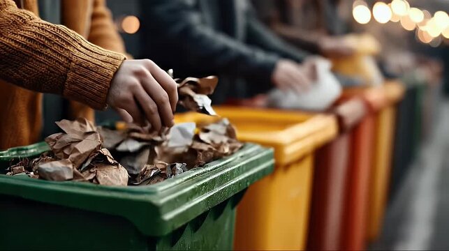 People sorting paper waste into colorful recycling bins highlighting ecological responsibility with multiple color coded containers in natural light